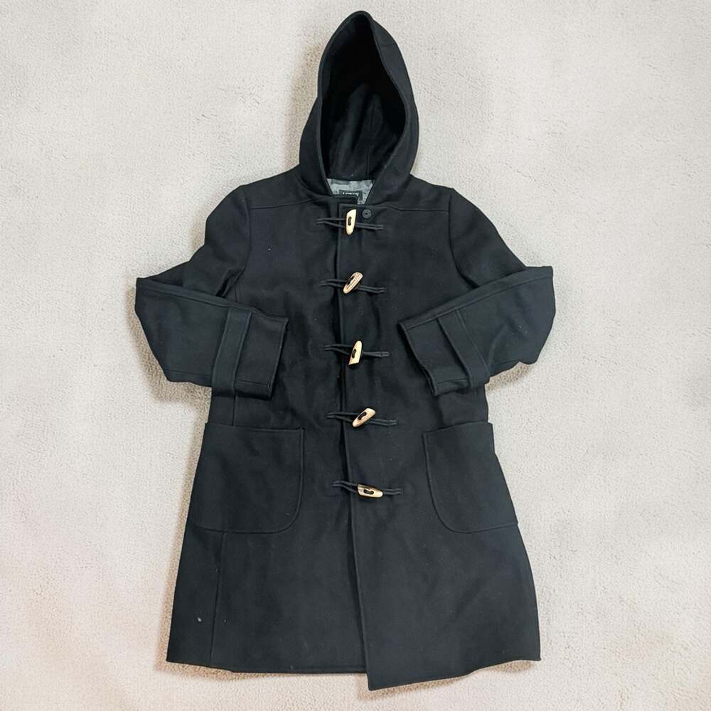 Vintage J.Crew Black Wool Duffle Coat with Hood Thinsulate Insulation, Size S